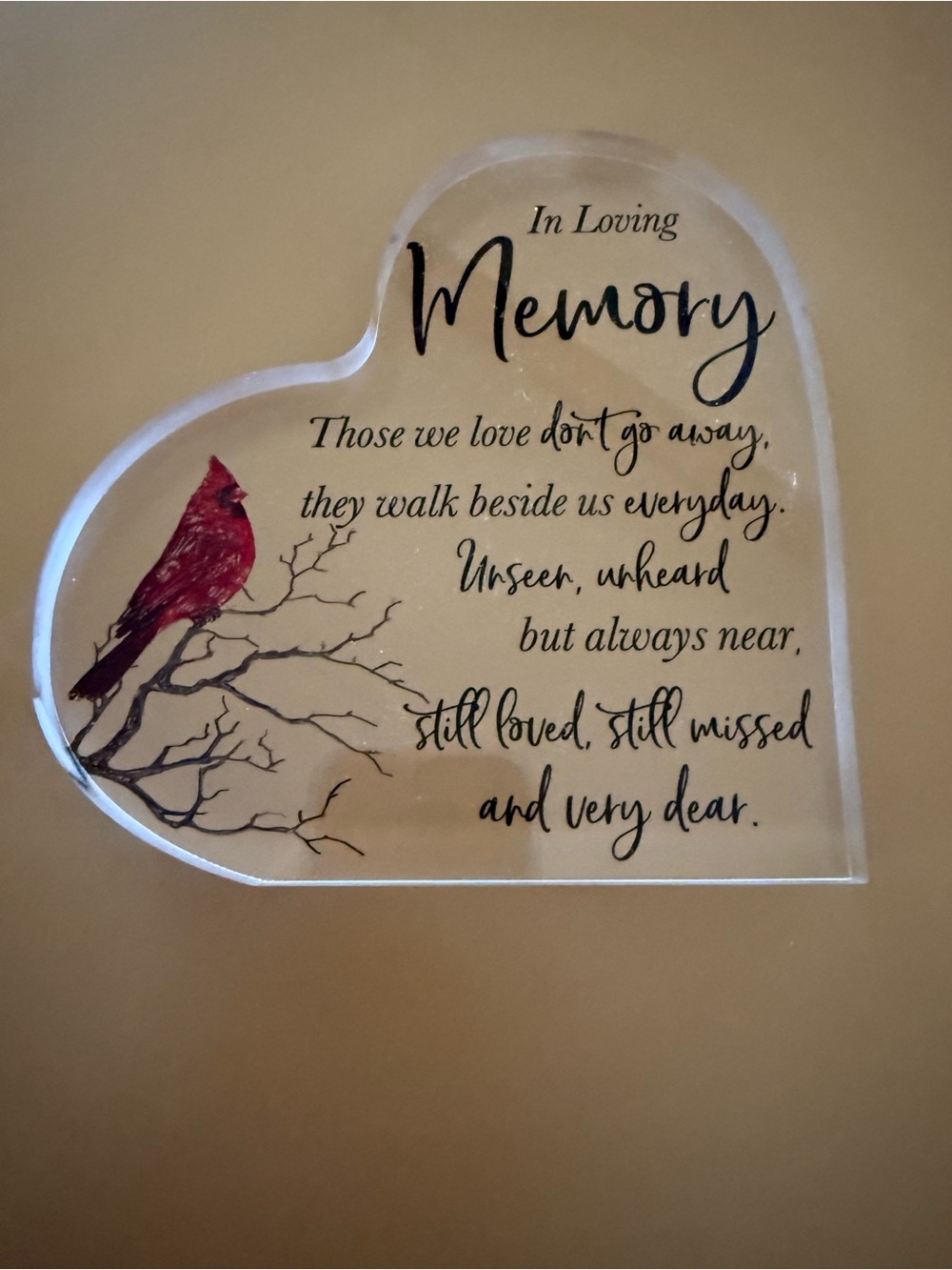 In Loving Memory Heart Plaque with Red Cardinal